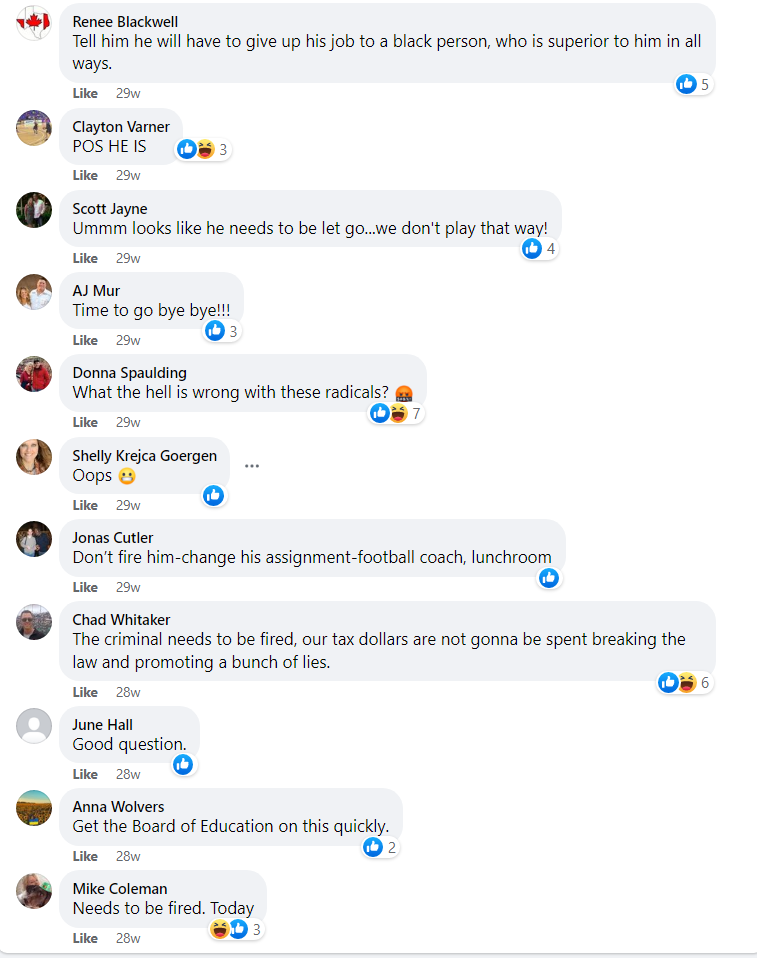 Comments on social media post demanding Nick Covington be fired. Comments include "Tell him he will have to give up his job to a black person, who is superior to him in all ways."
