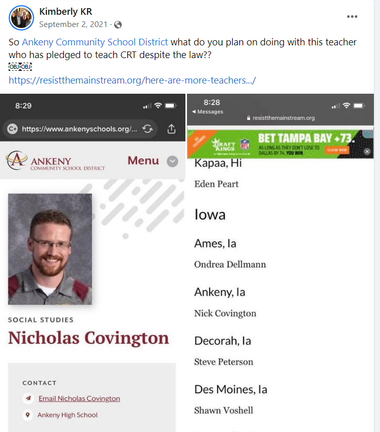Social media post demanding firing of Nick Covington for allegedly teaching CRT