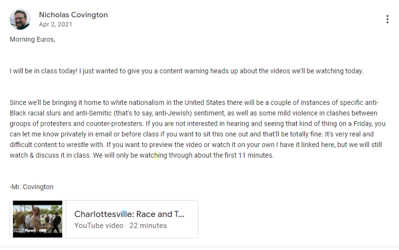 Google Classroom post explaining purpose of watching Charlottesville: Race and Terror