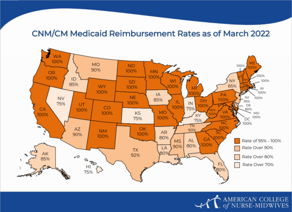 Image description: Map of United States showing CNM/CM Medicaid Reimbursement rates as of March 2022.