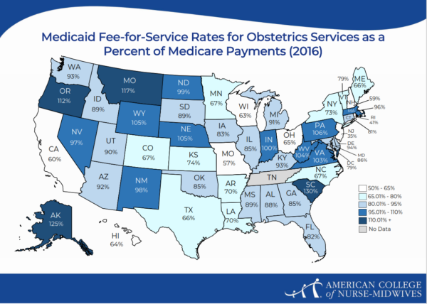 Image Description: Map of United States showing Medicaid Fee for Service Rates for Obstetrics Services as a percent of Medicare payments