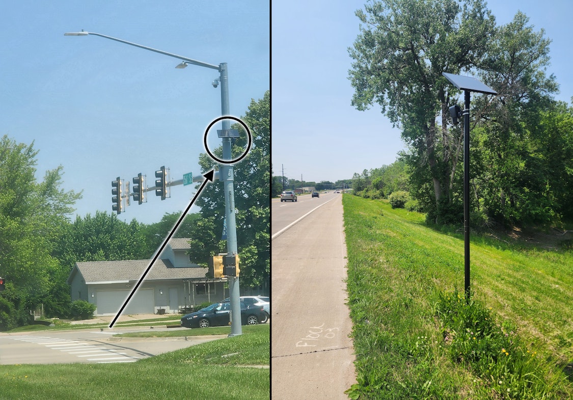 Two images composited into one, side by side, divided vertically in the middle. The left image shows a traffic signal with the street sign "156th St" facing left. A solar panel and camera Flock ALPR system is seen installed to the pole below a street light installation. A black and white highlight graphic is overlaid to highlight the system. The right image shows a roadside, the grassy area immediately off the shoulder of the road. A black pole rises from the grassy ground, bearing a black solar panel on top, with a left-facing Flock ALPR camera system immediately below the panel.